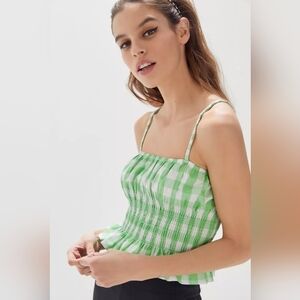 XS • Urban Outfitters • Smocked Ruffle Cropped Top In Green Gingham Check Plaid